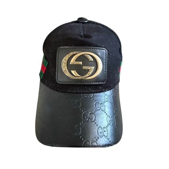 Gucci Black GG Imprime Leather Cap Interlocking GG Web Stripe Hat Luxury Regency main image 8
